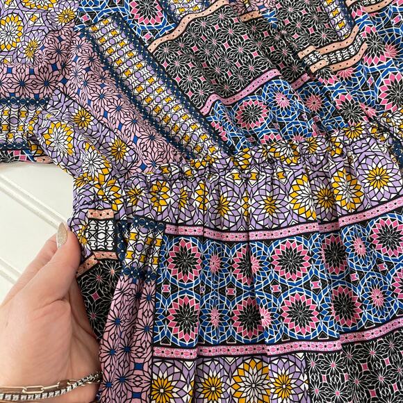 Trina Turk Sivas Dress Midi Dress Multicolor V-Neck Tiered Fit & Flare Size L - Picture 7 of 9